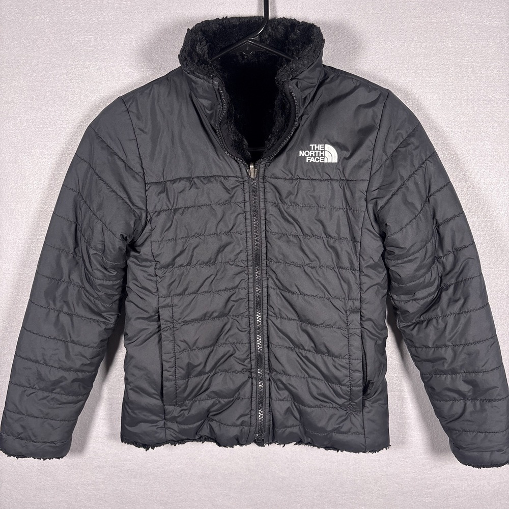 The North Face Reversible Mossbud Fleece Puffer Girls Small (7/8) Jacket Black